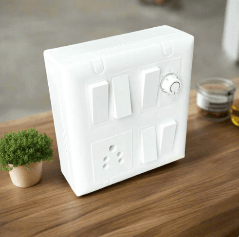 A1LED 8 Modular Electrical Switch Board with 5 Switches, 1 Socket & 1 Regulator – White